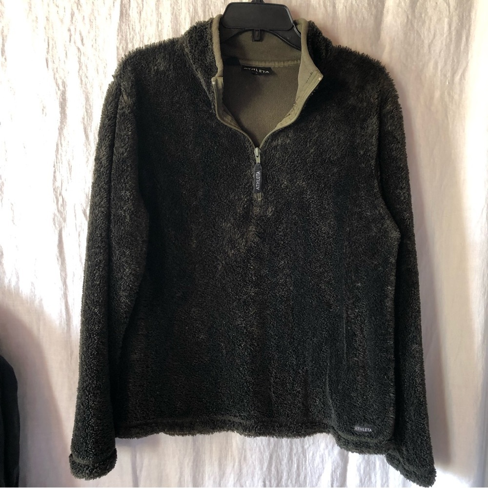 Athleta quarter zip pullover furry fleece dark forest green soft fleece inside L